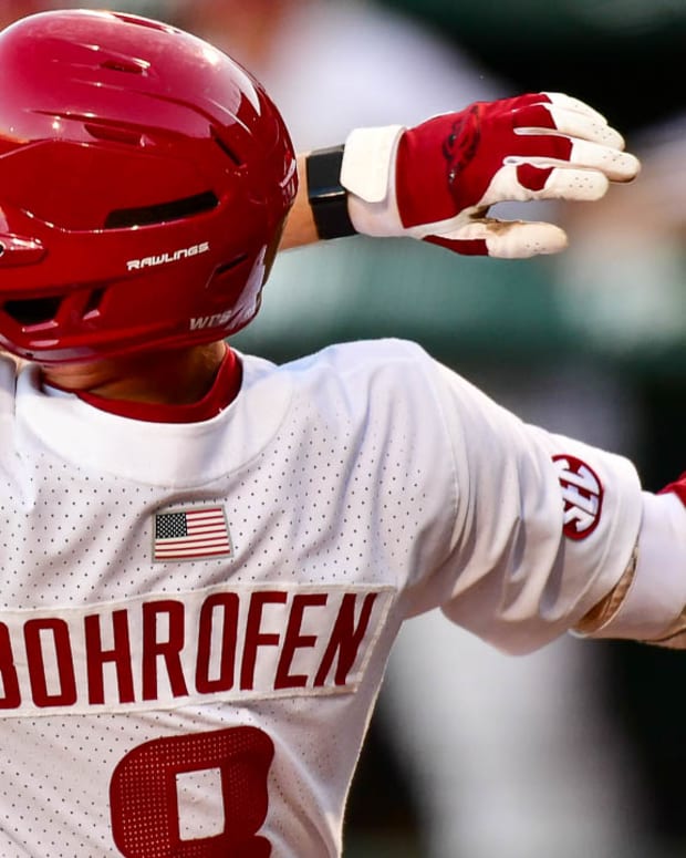 Razorbacks Jace Bohrofen delivers his seventh homer of the year in a 21-5 win over the Little Rock Trojans.