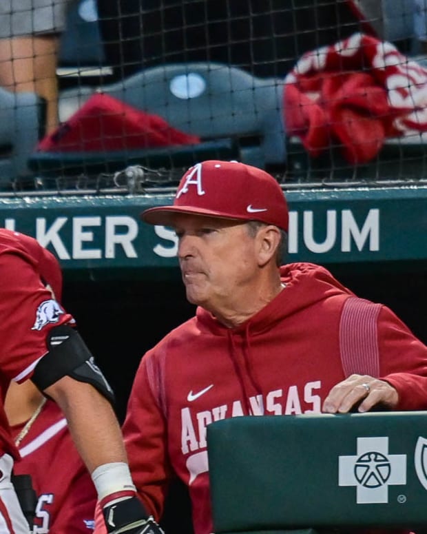 Razorbacks' coach Dave Van Horn in the dugout during 6-3 win over Tennessee on Saturday night.