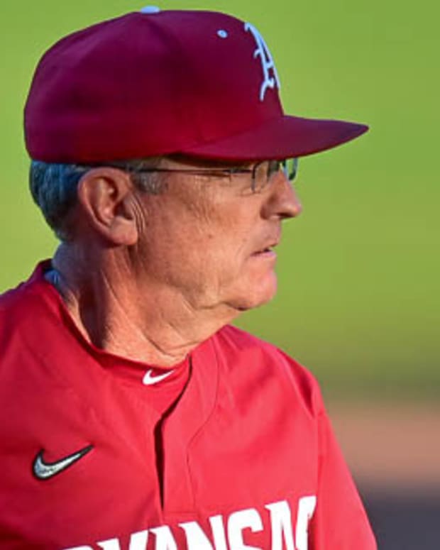 Razorbacks coach Dave Van Horn after a pitching change against Lipsomb in North Little Rock on Tuesday.