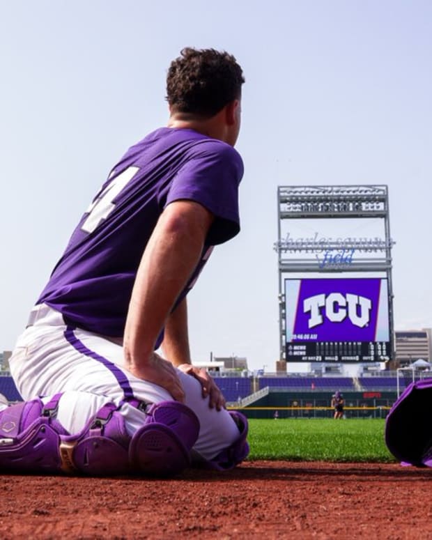 TCU catcher Karson Bowen on practice day at the 2023 Men's College World Series in Omaha
