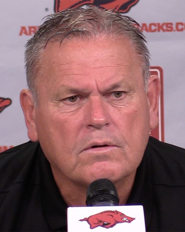 Razorbacks coach Sam Pittman at press conference Wednesday afternoon in Fayetteville