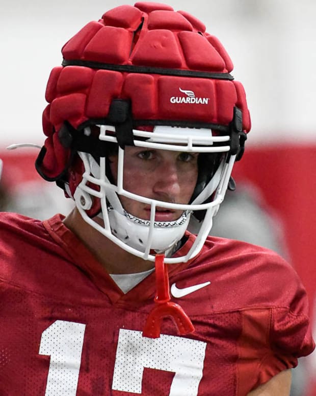 Razorbacks safety Hudson Clark at practice Monday morning at the indoor practice field
