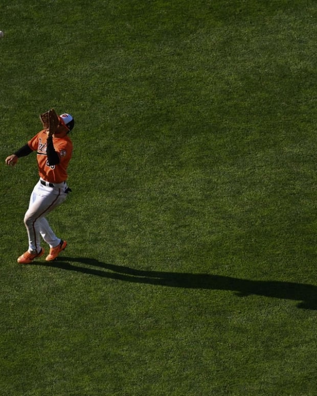 Jun 4, 2022; Baltimore, Maryland, USA; Baltimore Orioles right fielder Anthony Santander (25) runs down a seventh inning fly ball against the Cleveland Guardians at Oriole Park at Camden Yards. Mandatory Credit: Tommy Gilligan-USA TODAY Sports