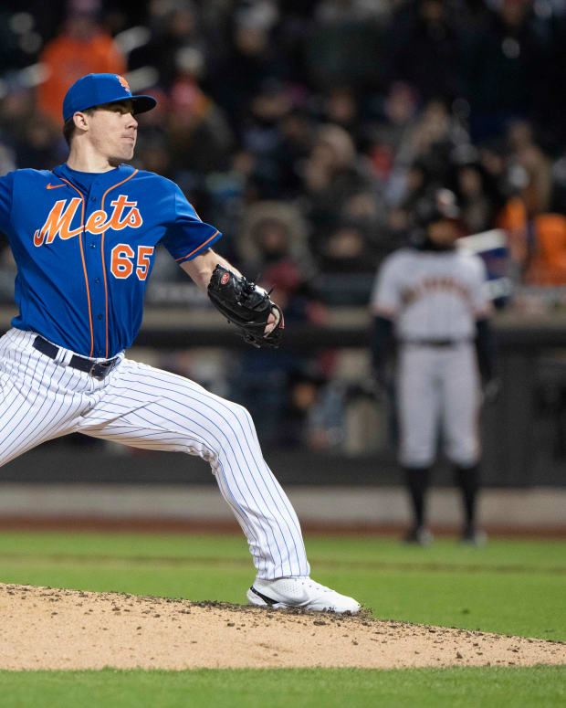 Apr 19, 2022; New York City, New York, USA; New York Mets pitcher Trevor May (65) delivers a pitch during the ninth inning against the San Francisco Giants at Citi Field.