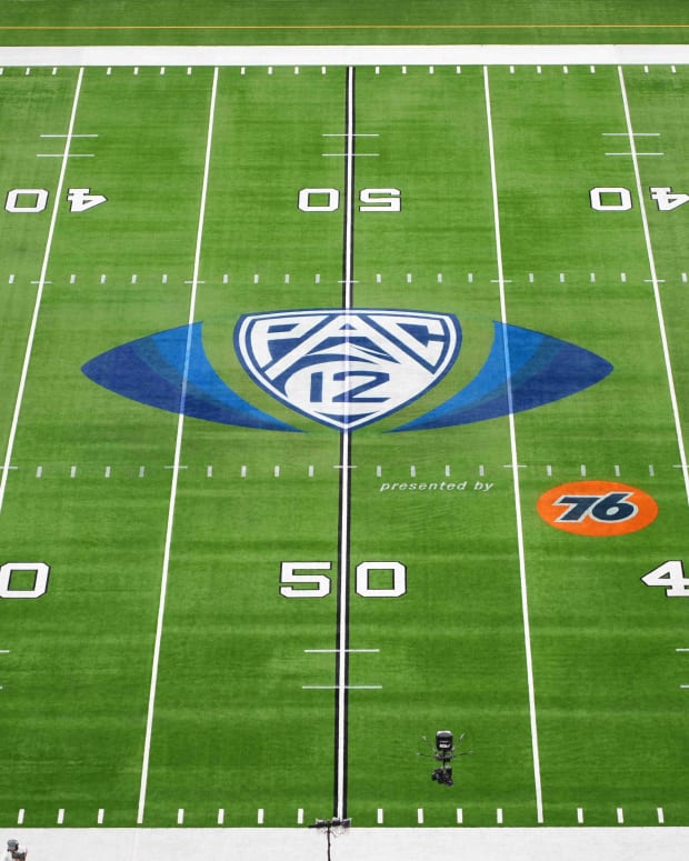 Dec 3, 2021; Las Vegas, NV, USA; A detailed view of the Pac-12 Conference logo at midfield at Allegiant Stadium before the 2021 Pac-12 Championship Game between the Oregon Ducks and the Utah Utes.