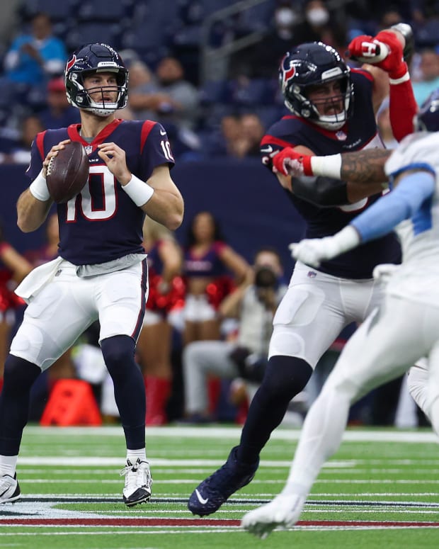 Houston, Texas, USA; Houston Texans quarterback Davis Mills (10) in action during the game against the Tennessee Titans at NRG Stadium.
