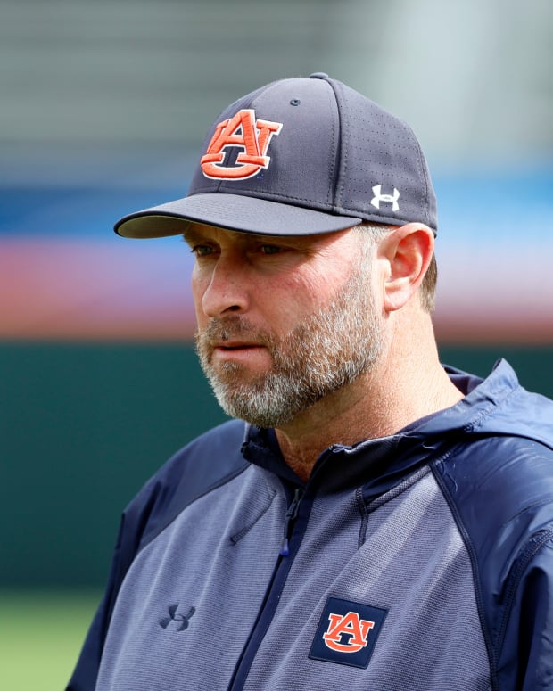 Jun 12, 2022; Corvallis, OR, USA; Auburn Tigers head coach Butch Thompson looks on before Game 2 of the NCAA college baseball super regional against the Oregon State Beavers at Coleman Field. Mandatory Credit: Soobum Im-USA TODAY Sports