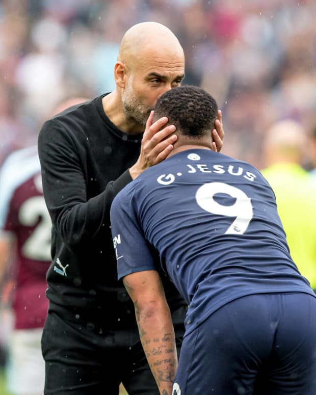Pep Guardiola pictured with Gabriel Jesus after Manchester City's 2-2 draw at West Ham in May 2022