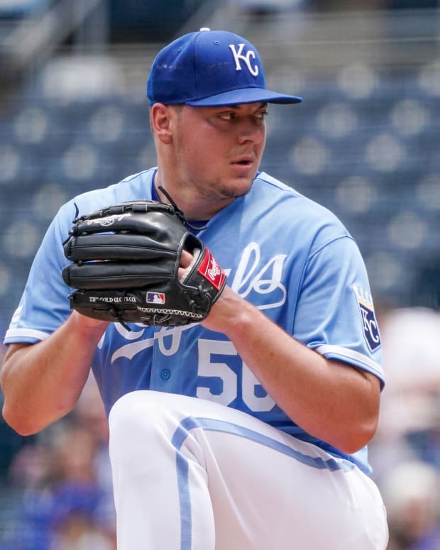 Jun 12, 2022; Kansas City, Missouri, USA; Kansas City Royals starting pitcher Brad Keller (56) delivers a pitch against the Baltimore Orioles in the first inning at Kauffman Stadium. Mandatory Credit: Denny Medley-USA TODAY Sports