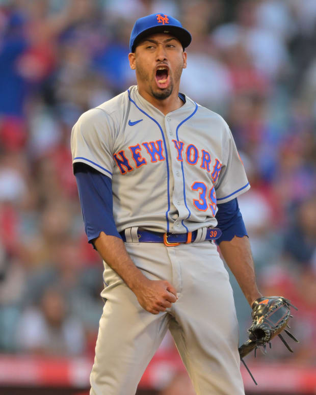 Jun 12, 2022; Anaheim, California, USA; New York Mets relief pitcher Edwin Diaz (39) reacts after pitching a scoreless ninth inning to earn a save and defeat the Los Angeles Angels at Angel Stadium.