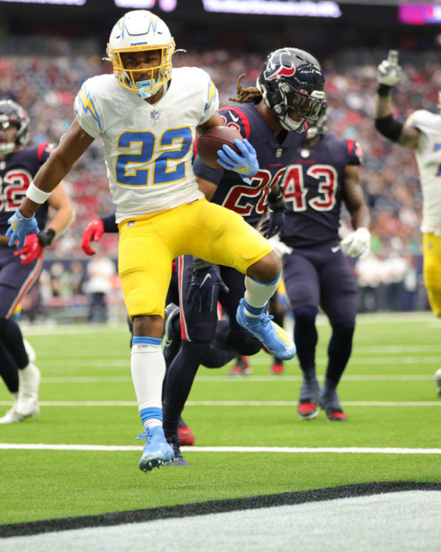 DECEMBER 26: Justin Jackson #22 of the Los Angeles Chargers in action against the Houston Texans at NRG Stadium on December 26, 2021 in Houston, Texas. (Photo by Carmen Mandato/Getty Images)
