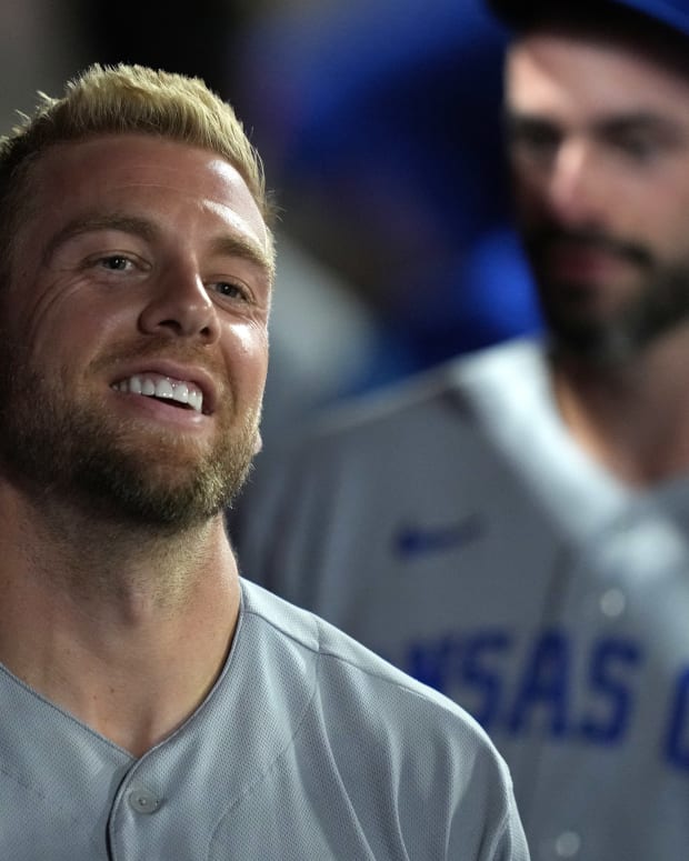 Jun 20, 2022; Anaheim, California, USA; Kansas City Royals first baseman Hunter Dozier (17) celebrates after hitting a solo home run in the eighth inning against the Los Angeles Angels at Angel Stadium. Mandatory Credit: Kirby Lee-USA TODAY Sports