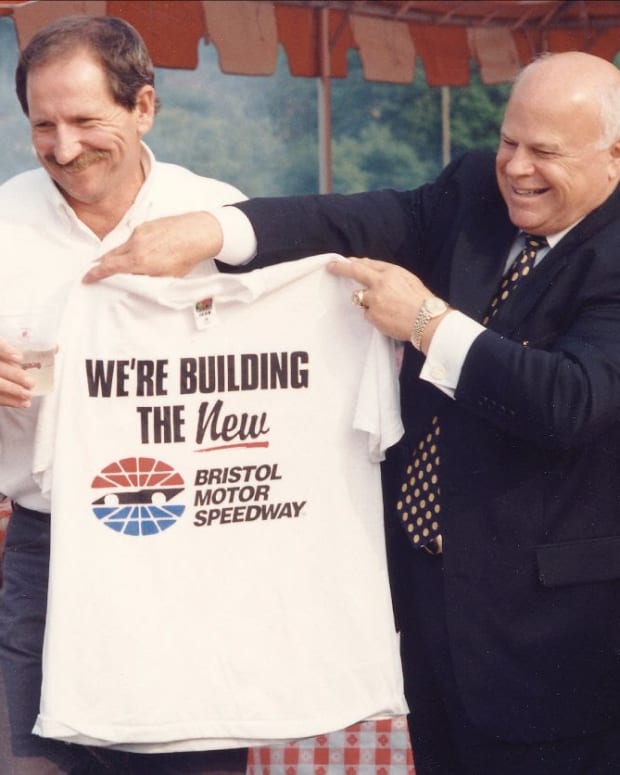 The late Dale Earnhardt and Bruton Smith, who passed away Wednesday at the age of 95, at a promotional event for Bristol Motor Speedway. Photo courtesy Bristol Motor Speedway.