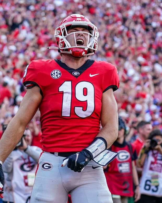 Oct 16, 2021; Athens, Georgia, USA; Georgia Bulldogs tight end Brock Bowers (19) reacts after scoring a touchdown against the Kentucky Wildcats during the second half at Sanford Stadium. Mandatory Credit: Dale Zanine-USA TODAY Sports