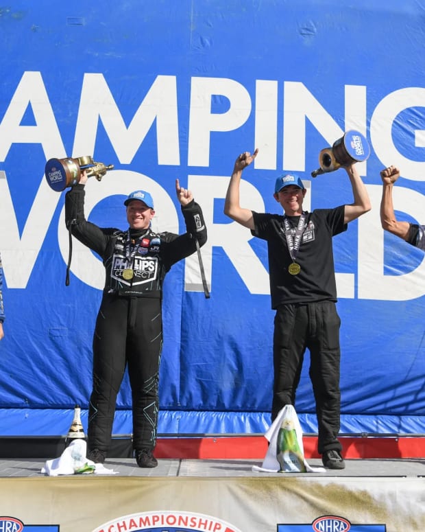 Here's the big winners from Sunday's finals in the NHRA Thunder Valley Nationals in Bristol, Tenn. From left, Ron Capps (Funny Car), Justin Ashley (Top Fuel), Aaron Stanfield (Pro Stock) and Jerry Savoie (Pro Stock Motorcycle). Photos courtesy NHRA.