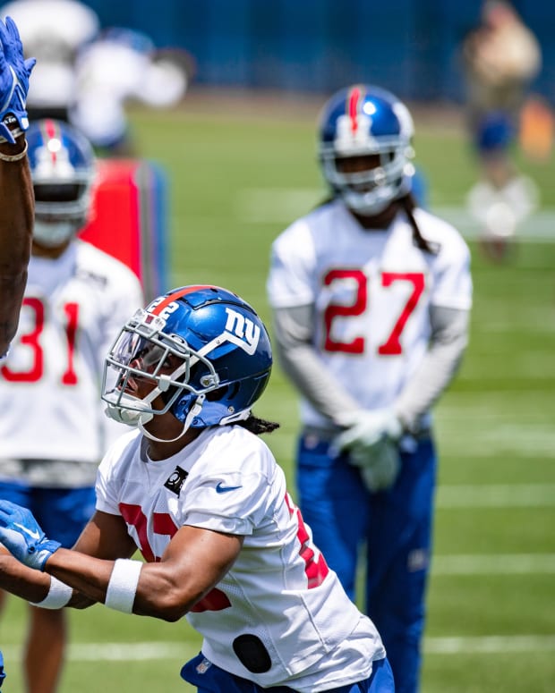 Jun 7, 2022; East Rutherford, New Jersey, USA; New York Giants defensive back Michael Jacquet (23) participates in a drill during minicamp at MetLife Stadium.