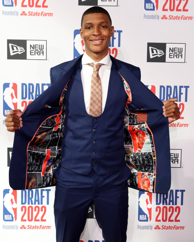 Jun 23, 2022; Brooklyn, NY, USA; Jabari Smith (Auburn) poses for photos on the red carpet before the 2022 NBA Draft at Barclays Center. Mandatory Credit: Brad Penner-USA TODAY Sports