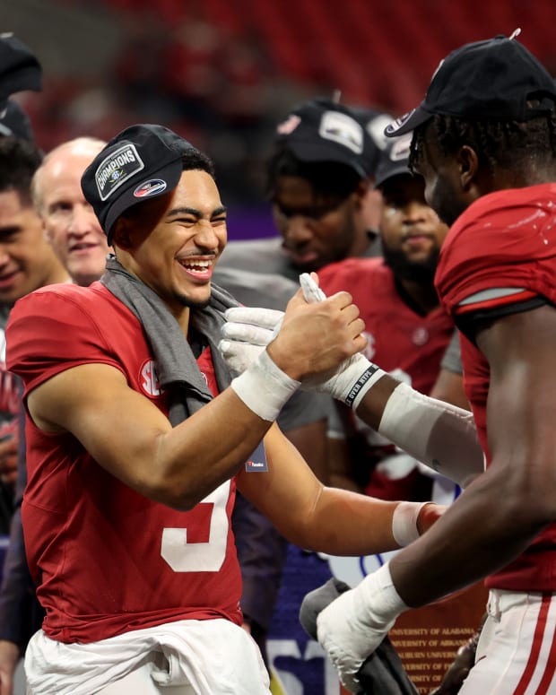 Alabama Crimson Tide quarterback Bryce Young (9) celebrates with linebacker Will Anderson Jr. (31) after their win during the SEC championship game after the Georgia Bulldogs at Mercedes-Benz Stadium.