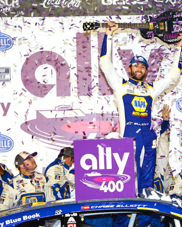 Chase Elliott celebrates after Sunday's win in the Ally 400 at Nashville Superspeedway. (Photo by Harold Hinson/HHP for Chevy Racing)