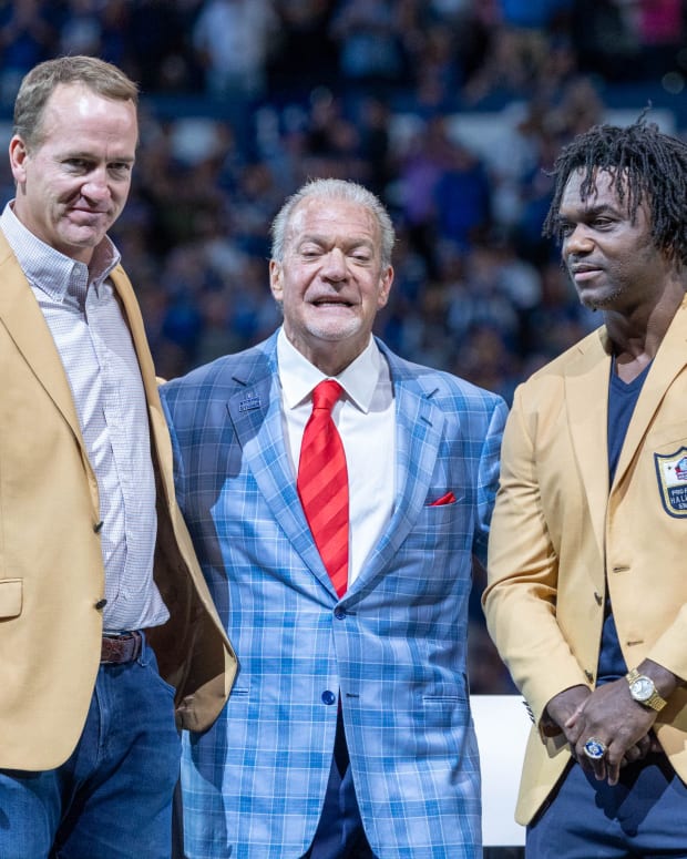 Sep 19, 2021; Indianapolis, Indiana, USA; Indianapolis Colts Hall of fame Quarter back Peyton Manning and running back Edgerrin James receives his hall of fame rings at halftime of the game between the Indianapolis Colts and the Los Angeles Rams at Lucas Oil Stadium.