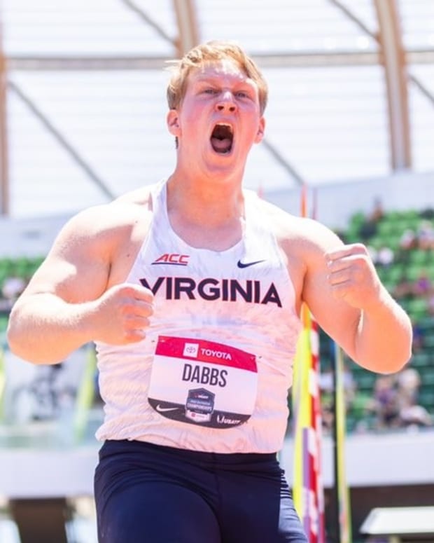 Ethan Dabbs wins gold in the javelin at the USATF Outdoor Championships at Hayward Field in Eugene, Oregon.