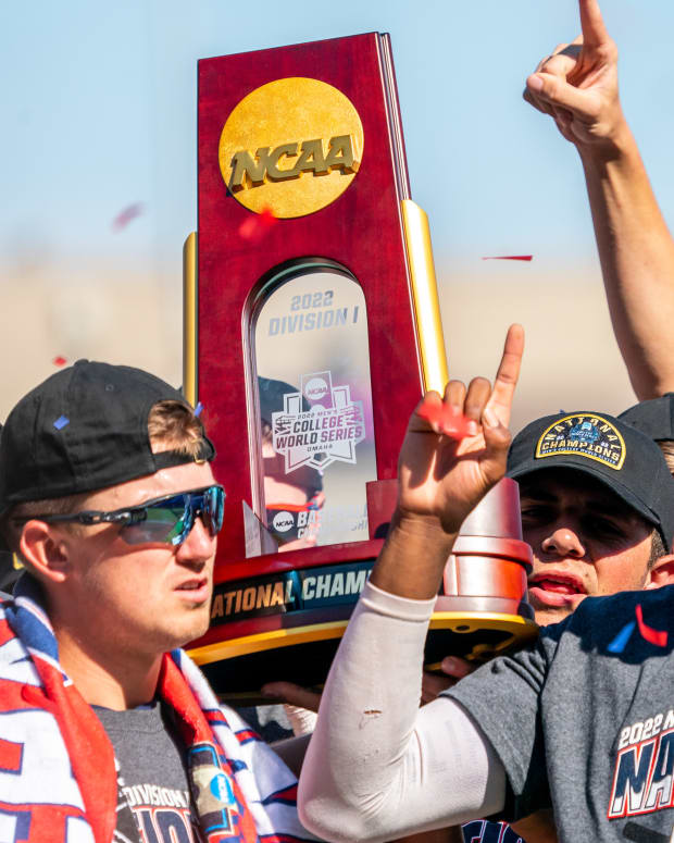 Jun 26, 2022; Omaha, NE, USA; The Ole Miss Rebels hoist the 2022 NCAA Division 1 Baseball National Champion trophy after topping the Oklahoma Sooners at Charles Schwab Field.