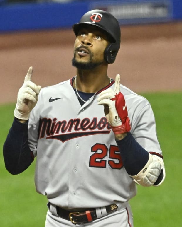 Jun 28, 2022; Cleveland, Ohio, USA; Minnesota Twins center fielder Byron Buxton (25) celebrates his solo home run in the ninth inning against the Cleveland Guardians at Progressive Field. Mandatory Credit: David Richard-USA TODAY Sports