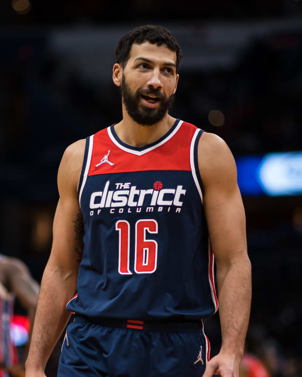 Washington Wizards forward Anthony Gill (16) reacts against the Philadelphia 76ers during the second half at Capital One Arena.