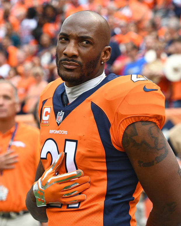 Denver Broncos cornerback Aqib Talib (21) before the game against the Dallas Cowboys at Sports Authority Field at Mile High.