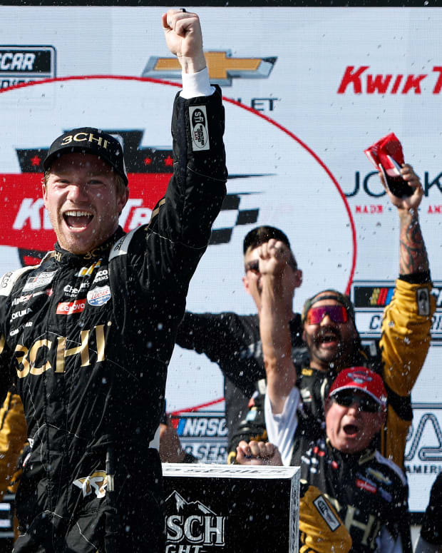 Tyler Reddick celebrates in victory lane after winning the NASCAR Cup Series Kwik Trip 250 at Road America on Sunday. (Photo by Sean Gardner/Getty Images)