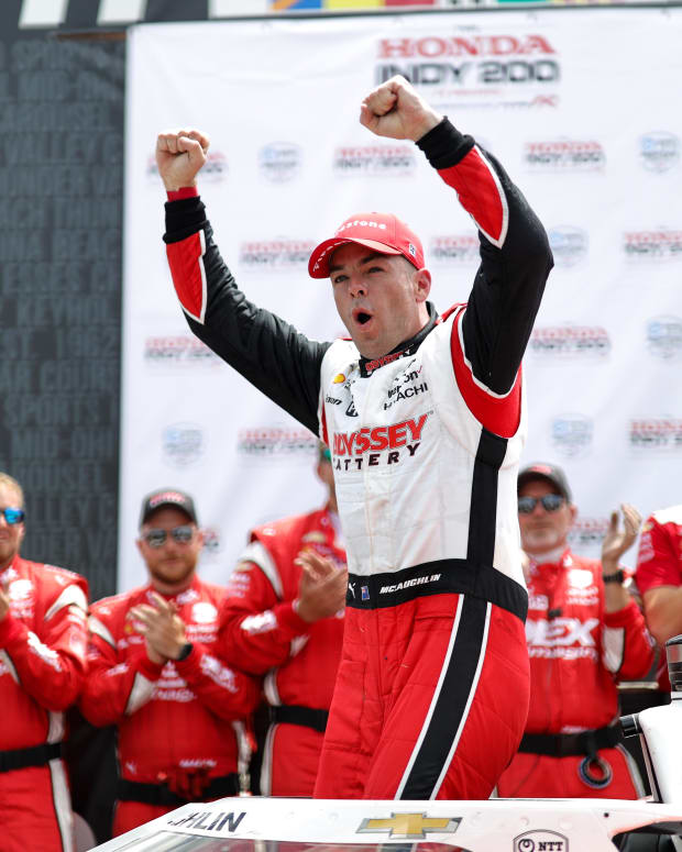 Scott McLaughlin celebrates his second IndyCar win of the season Sunday at Mid-Ohio Sports Car Course. Photo courtesy IndyCar.