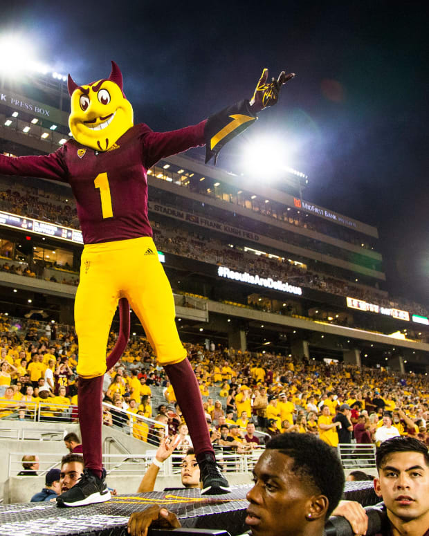 Sparky, the Arizona State University mascot, encourages the student section during second quarter action against Kent State University at Sun Devil Stadium, Thursday, August 29, 2019. Asu