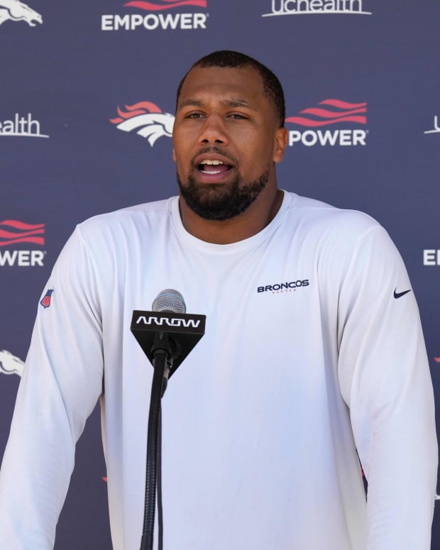 Denver Broncos outside linebacker Bradley Chubb (55) speaks to the media following OTA workouts at the UC Health Training Center.