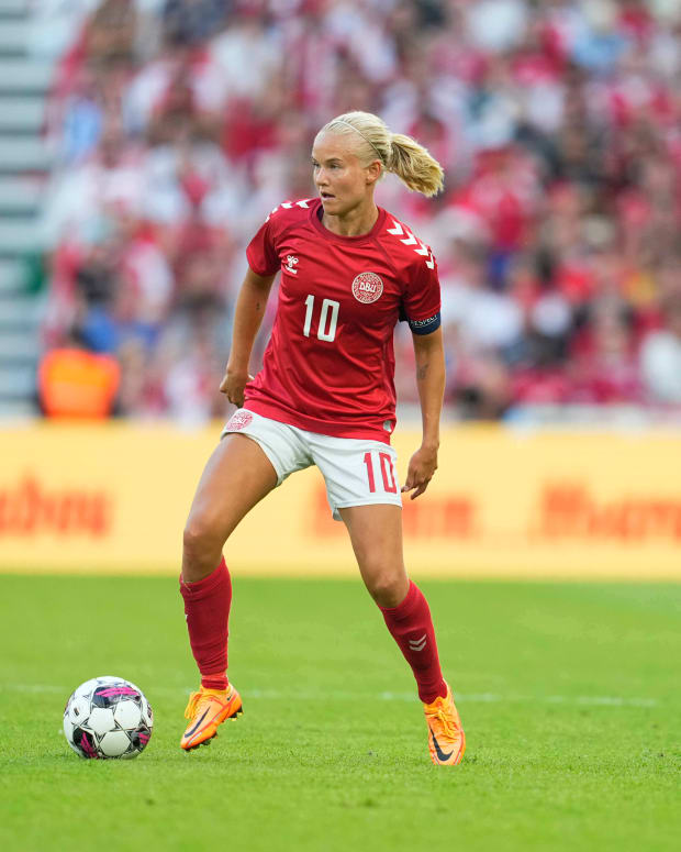 Pernille Harder pictured playing for Denmark against Brazil in June 2022