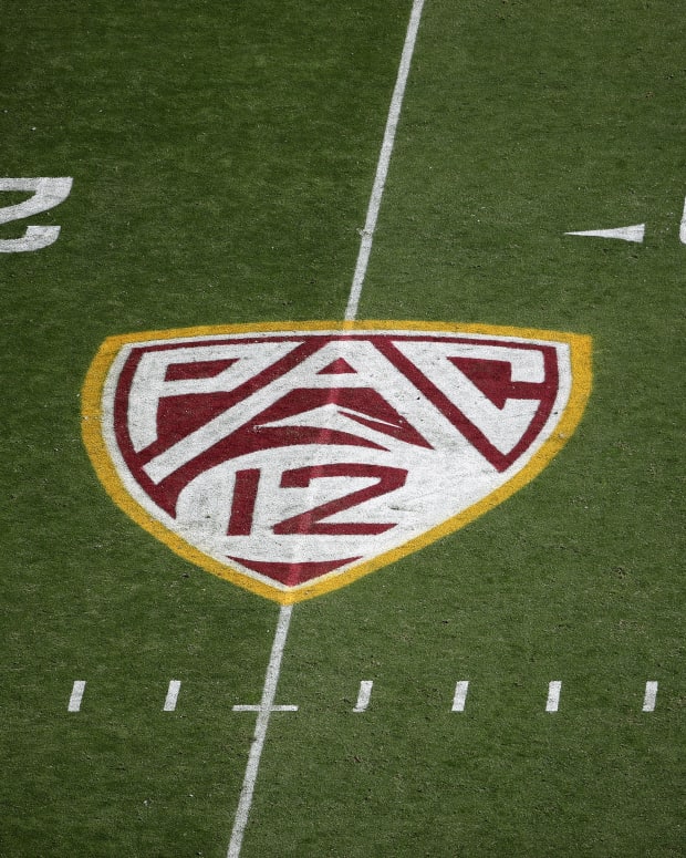 Pac-12 logo on the field during the NCAAF game at Sun Devil Stadium on November 09, 2019 in Tempe, Arizona.