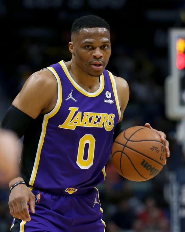Los Angeles Lakers guard Russell Westbrook (0) in the first quarter against the New Orleans Pelicans at the Smoothie King Center.
