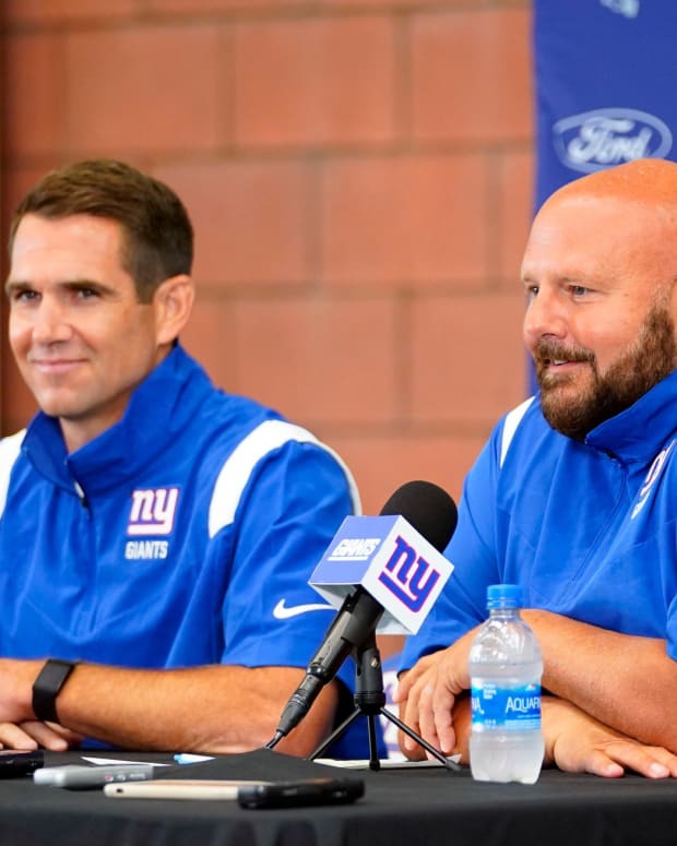 New York Giants head coach Brian Daboll, right, and general manager Joe Schoen hold a press conference before the first day of training camp at Quest Diagnostics Training Center in East Rutherford on Wednesday, July 27, 2022.