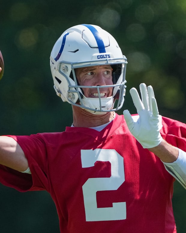 Indianapolis Colts quarterback Matt Ryan (2) practices throwing during training camp Thursday, July 28, 2022, at Grand Park Sports Campus in Westfield, Ind. Indianapolis Colts Training Camp Nfl Thursday July 28 2022 At Grand Park Sports Campus In Westfield Ind