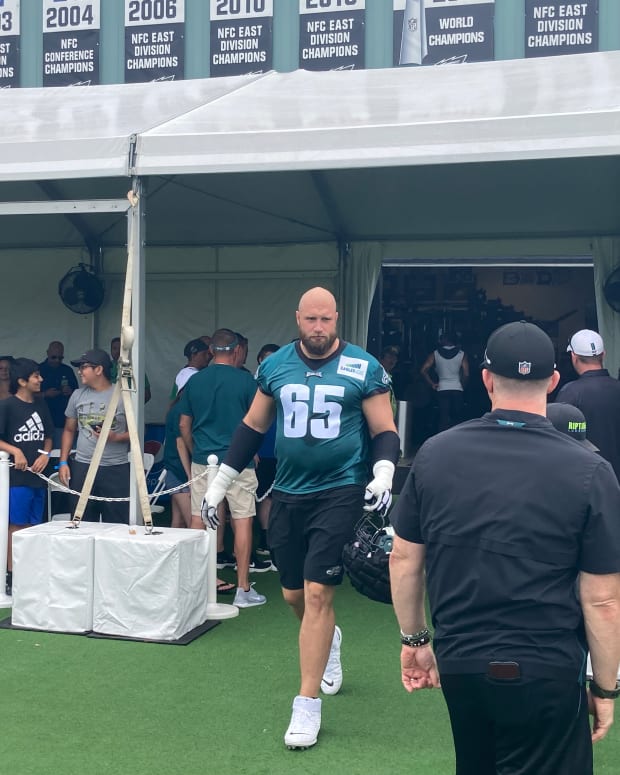 Lane Johnson takes the practice field on July 29, 2022