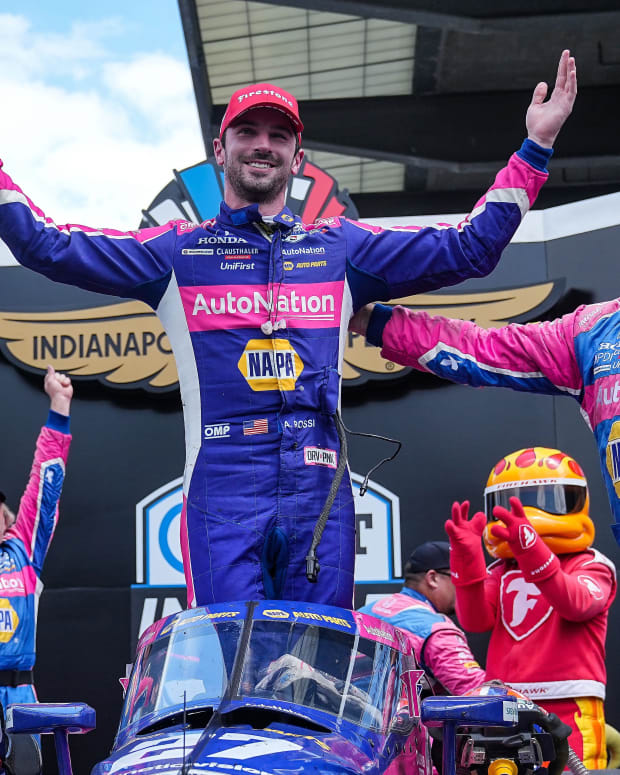 Alexander Rossi celebrates Saturday after his win on the Indianapolis Motor Speedway road course, his first triumph in over three years, breaking a 49-race winless streak. Photo: USA Today Sports / Grace Hollars.