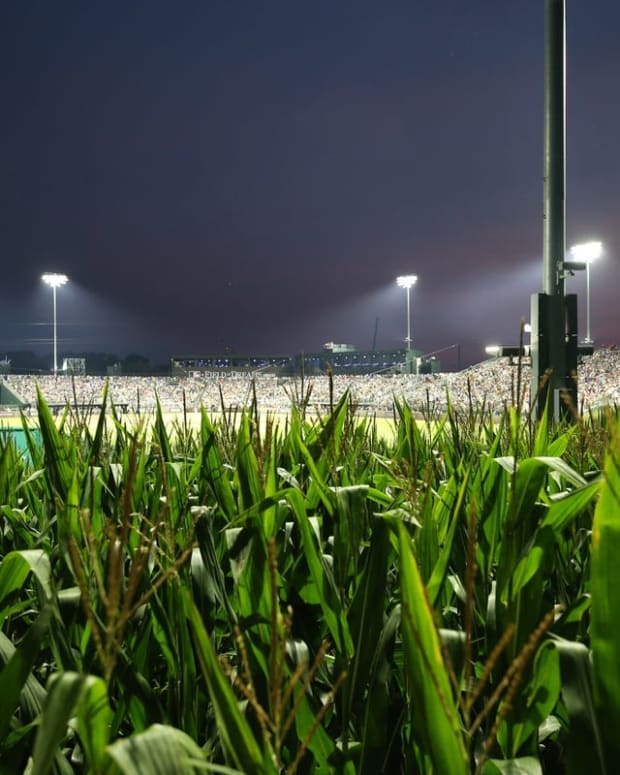 Aug 12, 2021; Dyersville, Iowa, USA; The view from centerfield of a sold out game between the Chicago White Sox and the New York Yankees at the Field of Dreams. Mandatory Credit: Reese Strickland-USA TODAY Sports