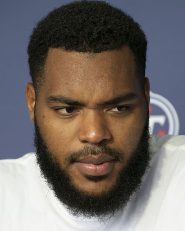 Tennessee Titans defensive end Jeffery Simmons responds to questions from the media after a training camp practice at Ascension Saint Thomas Sports Park.
