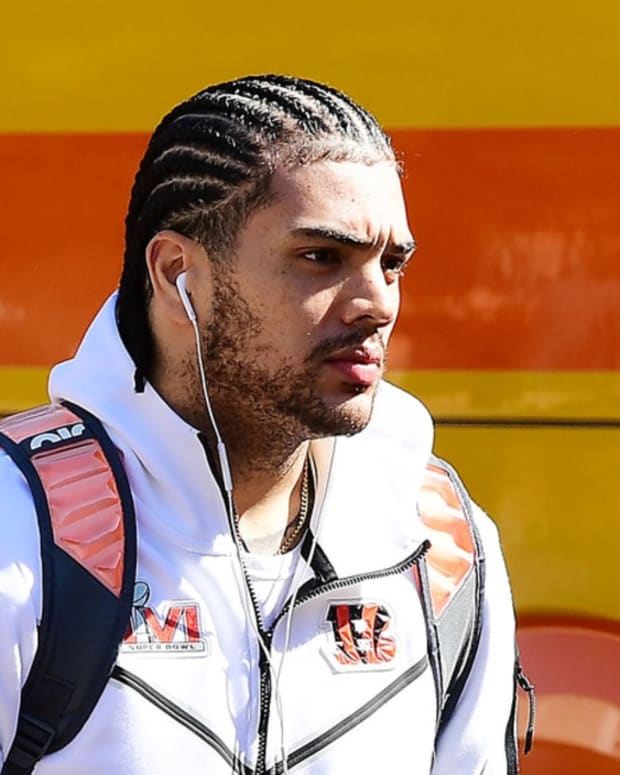 Feb 8, 2022; Los Angeles, CA, USA; Cincinnati Bengals tight end Thaddeus Moss (81) arrives at the UCLA Luskin Conference Center in anticiption of Super Bowl LVI. Mandatory Credit: Gary A. Vasquez-USA TODAY Sports