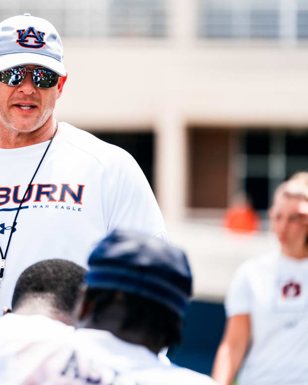 Coach Bryan Harsin addresses the team at Auburn's fall camp.