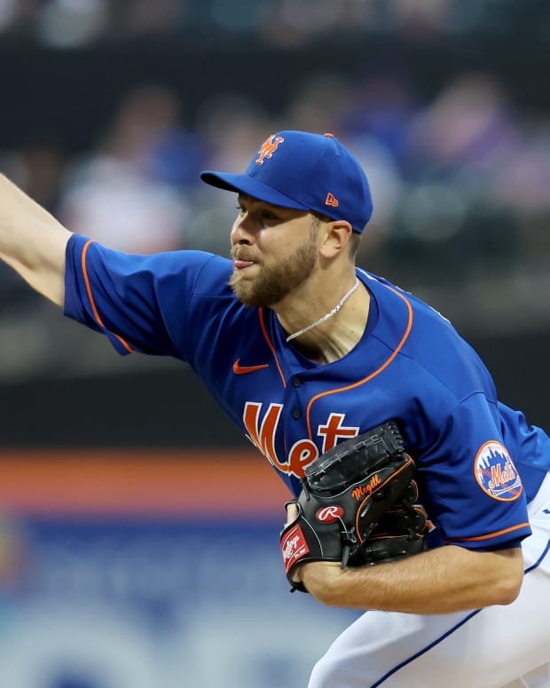 Jun 16, 2022; New York City, New York, USA; New York Mets starting pitcher Tylor Megill (38) pitches against the Milwaukee Brewers during the first inning at Citi Field.