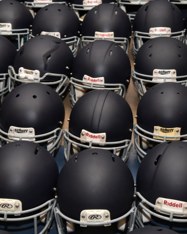 General view of high school football helmets at Vista Murrieta High School.