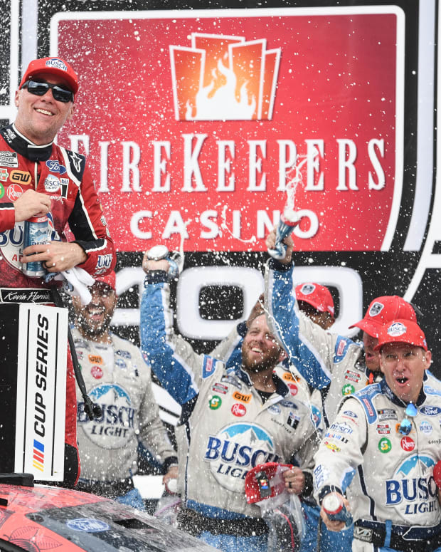 Kevin Harvick celebrates after ending his 65-race winless streak Sunday at Michigan International Speedway. Photo: USA Today Sports / Tim Fuller.