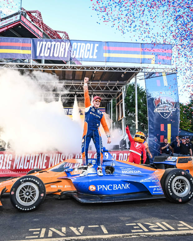 Scott Dixon celebrates the 53rd win of his IndyCar career, leaving him second on the all-time IndyCar wins list. Photo courtesy Chip Ganassi Racing.