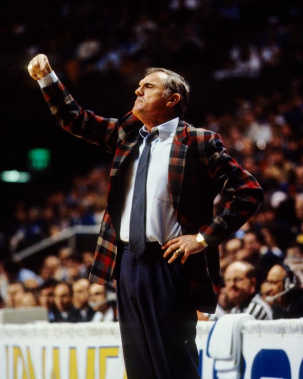 Alabama Crimson Tide head coach Wimp Sanderson on the sideline during the 1986 NCAA Men's Basketball Tournament at the Charlotte Coliseum.