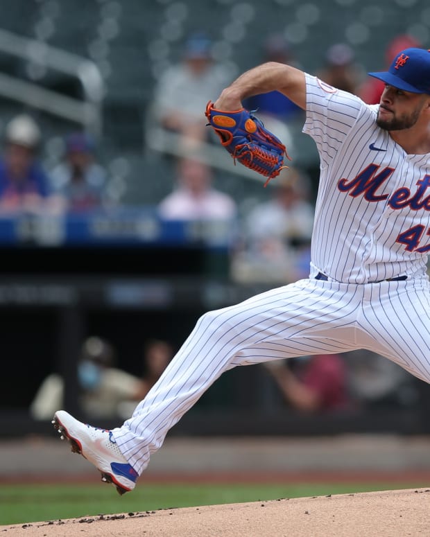 Jun 13, 2021; New York City, New York, USA; New York Mets starting pitcher Joey Lucchesi (47) pitches against the San Diego Padres during the first inning at Citi Field.